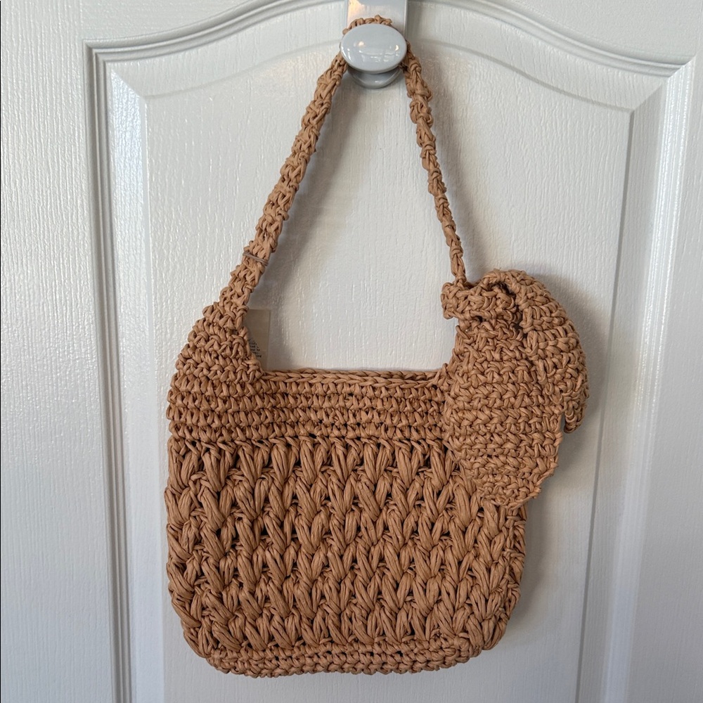A New Day Woven Straw Shoulder Bag Tan Boho Crochet Purse NWT